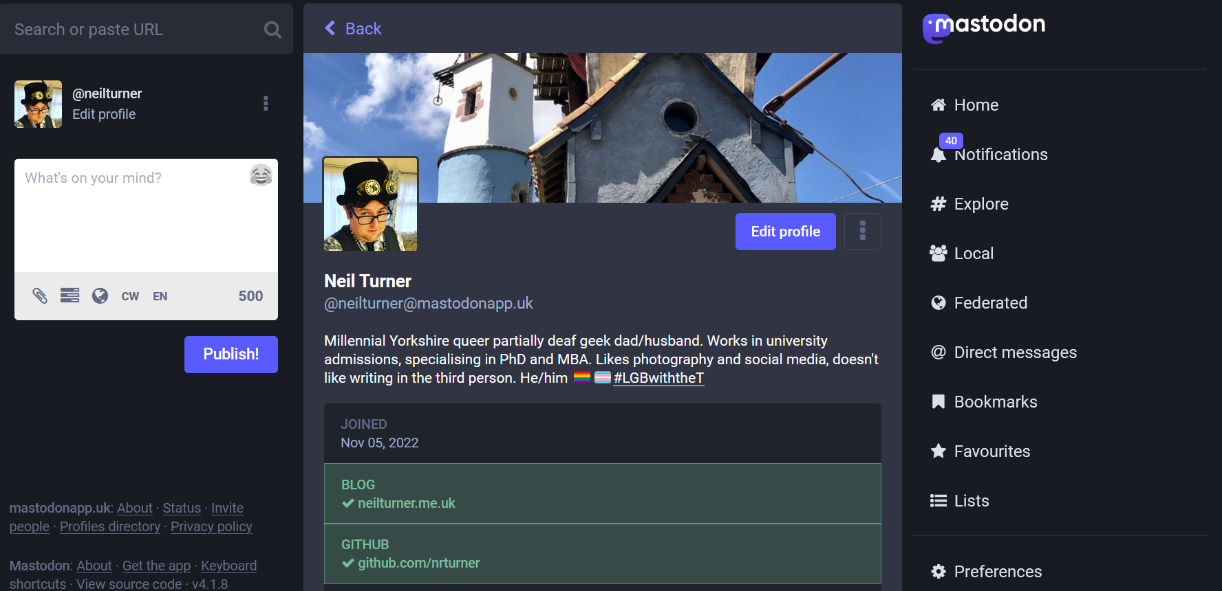 Screenshot of my Mastodon profile