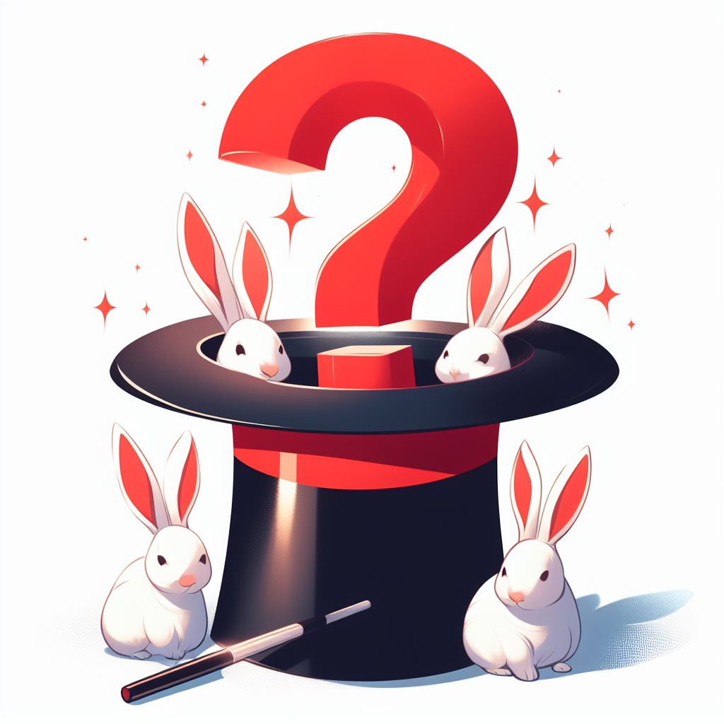 An illustration of a question mark appearing from a wizard's hat. Generated by Bing AI Image Generator