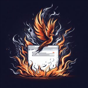 An illustration of a phoenix rising from the ashes, with a web page. Generated by the Bing AI Image Creator