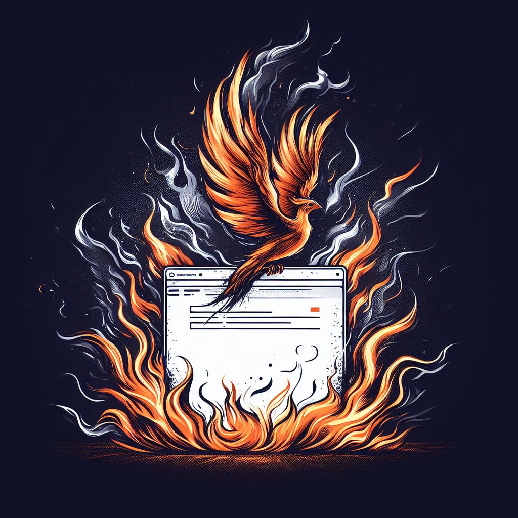 An illustration of a phoenix rising from the ashes, with a web page. Generated by the Bing AI Image Creator