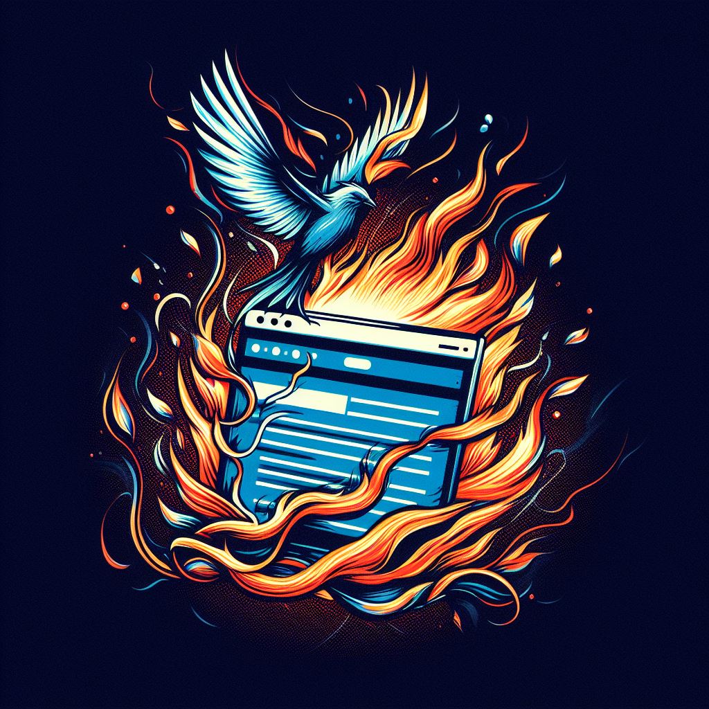 An AI generated image of a phoenix rising from the flames of a browser window