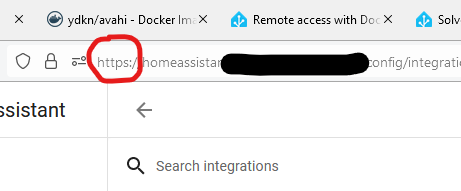 A screenshot of Home Assistant running in a web browser with HTTPS enabled and no certificate errors