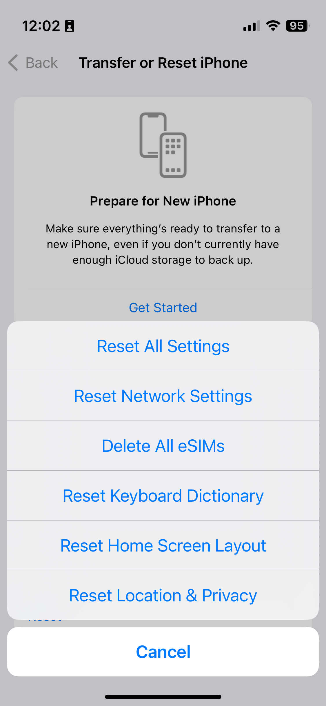 A screenshot showing how to reset settings on iOS 16