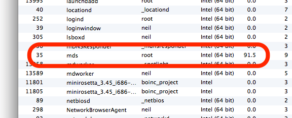 Screenshot of activity monitor on Mac OS X showing mds with high memory usafe