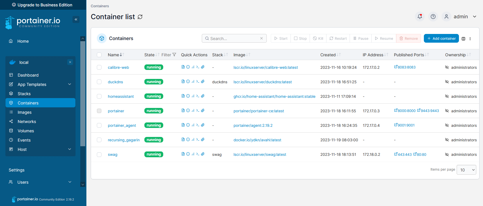 Screenshot of the Portainer web interface