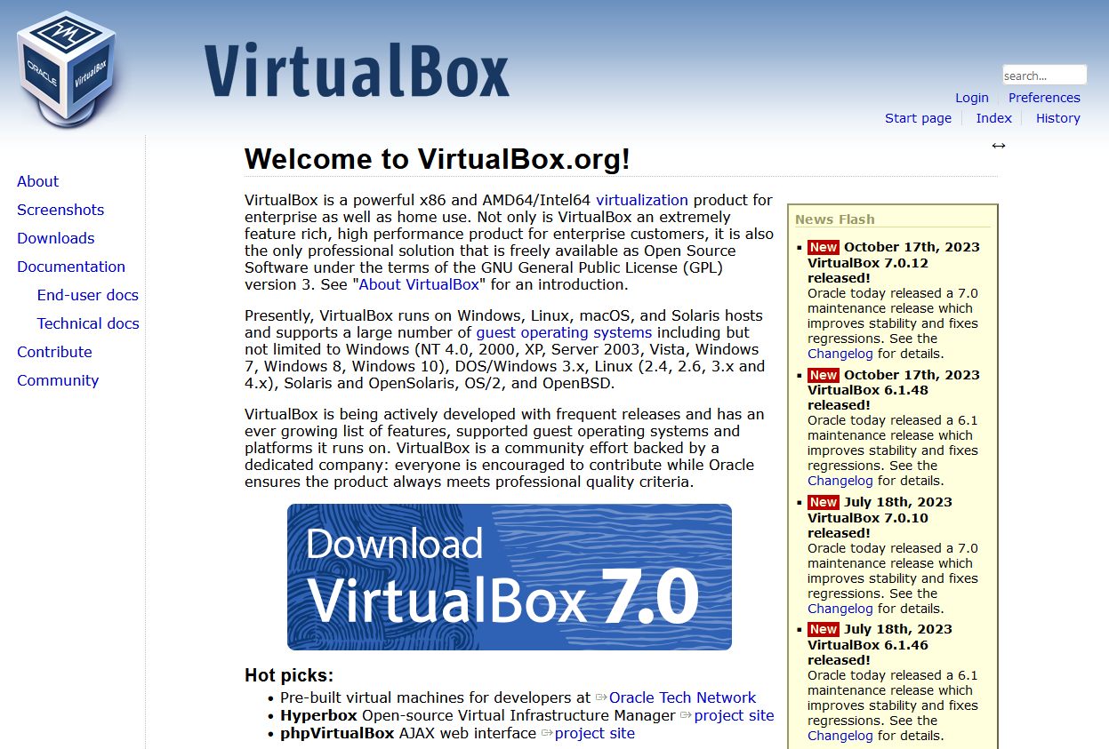 A screenshot of the web site for VirtualBox