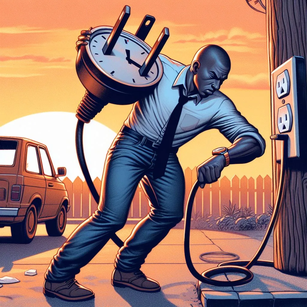 An AI generated image of a man holding a giant plug, looking at his watch