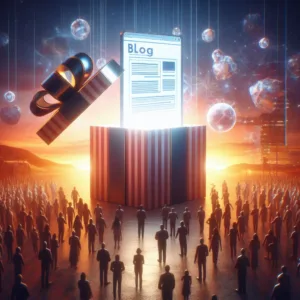An AI-generated image of a blog post popping out of a gift box whilst a crowd of people look on in awe