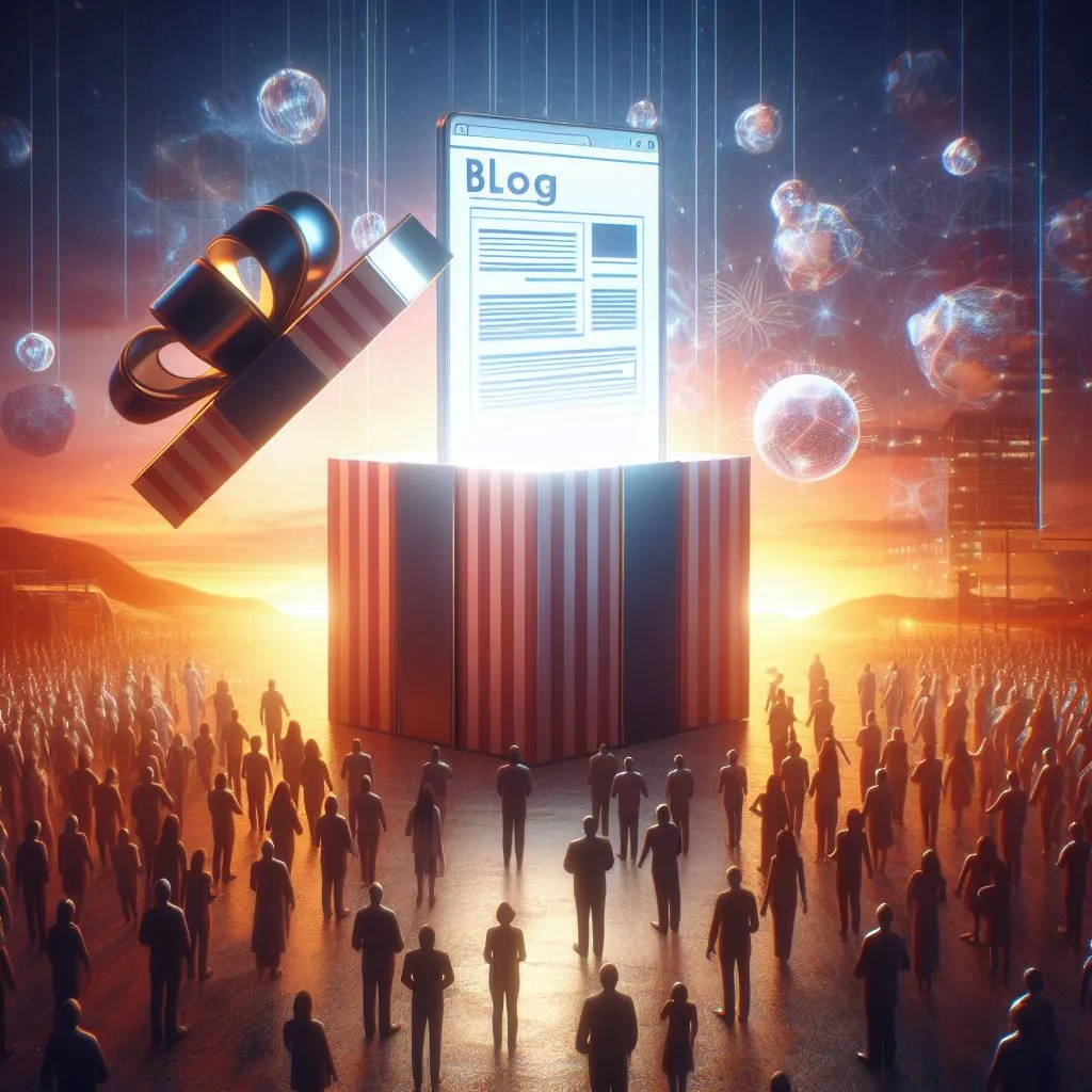 An AI-generated image of a blog post popping out of a gift box whilst a crowd of people look on in awe