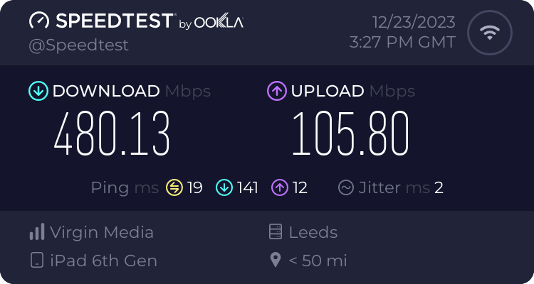 Virgin Media broadband test result