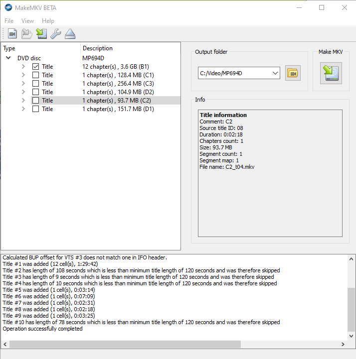 Screenshot of MakeMKV on Windows 10