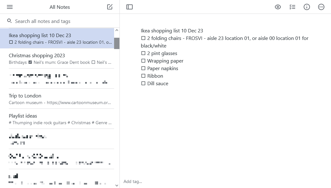 Screenshot of the web version of Simplenote