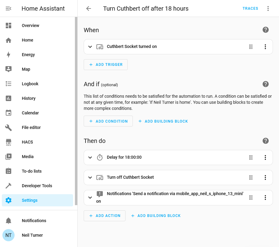A screenshot of Home Assistant showing an automation to turn off a smart plug after 18 hours