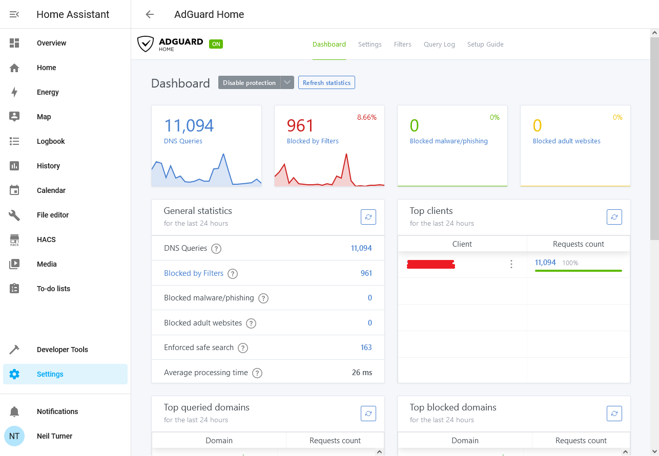 A screenshot of the AdGuard Home web interface running as a Home Assistant addon