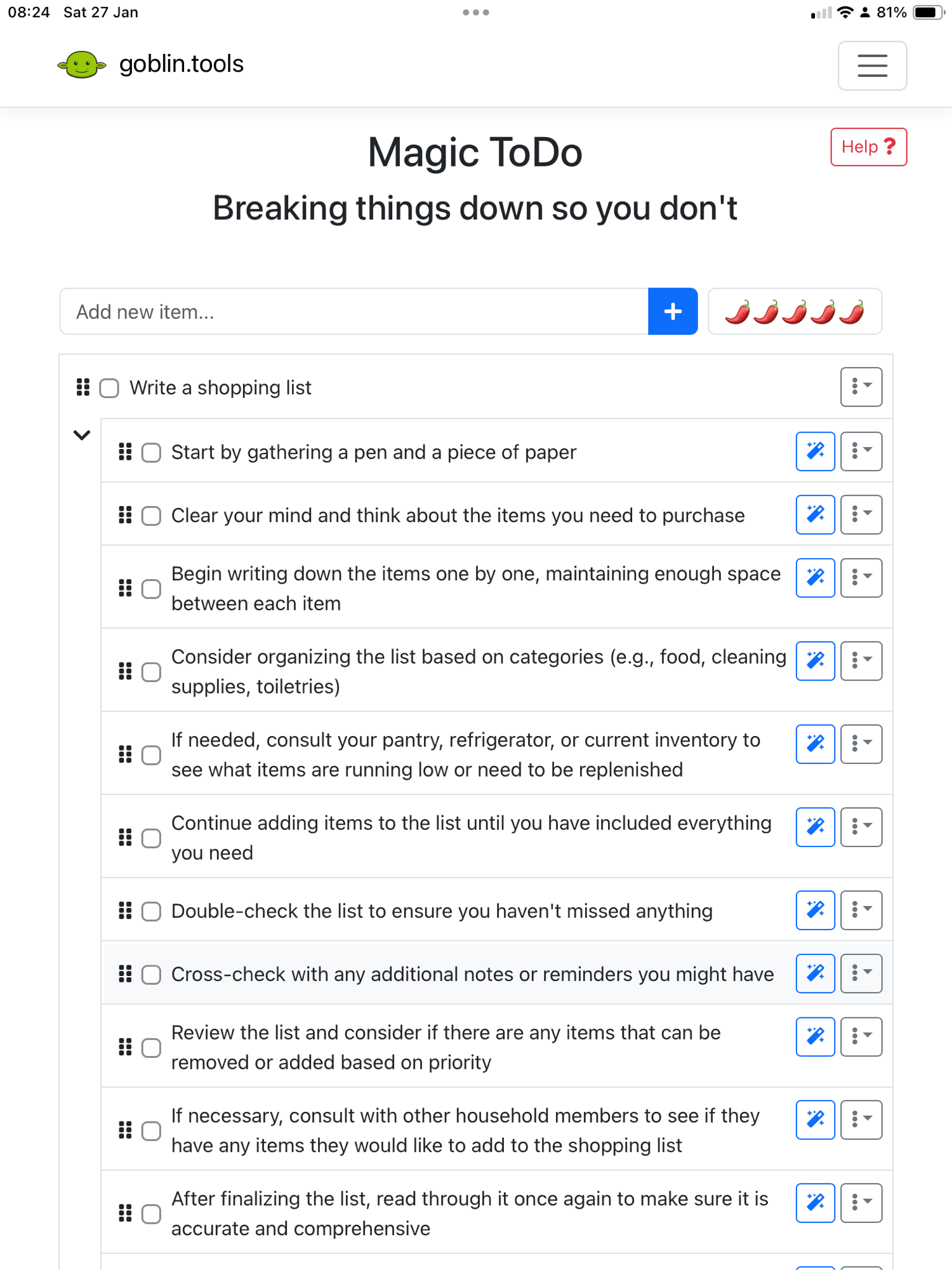 A screenshot of GoblinTools that has taken the task of 'writing a shopping list' and broken it down into easier subtasks