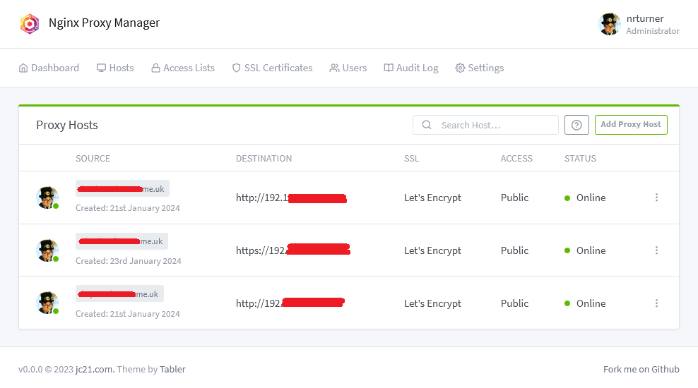 A screenshot of nginx proxy manager
