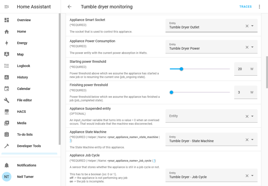 Screenshot of the hassio_appliance-status-monitor Blueprint being configured as an automation in Home Assistant