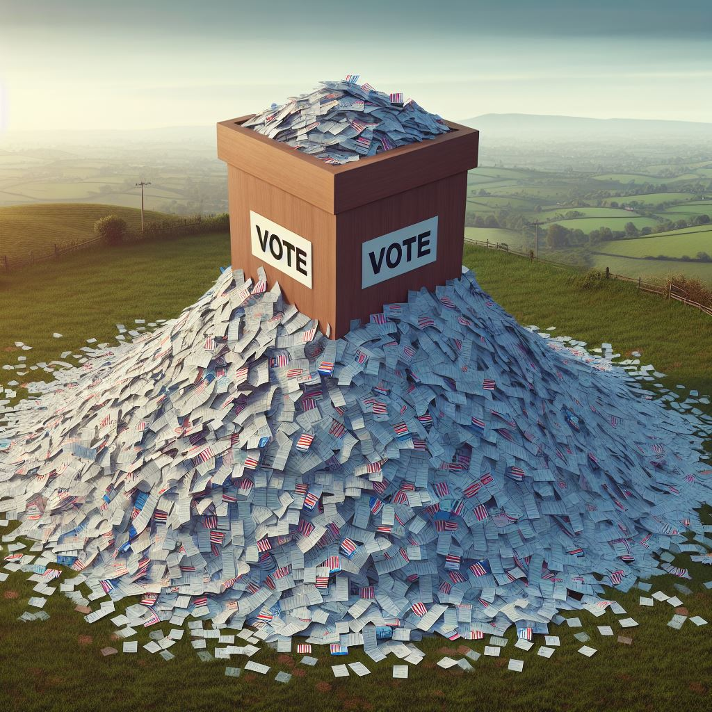 An AI generated image of a ballot box overflowing with election ballots in the countryside