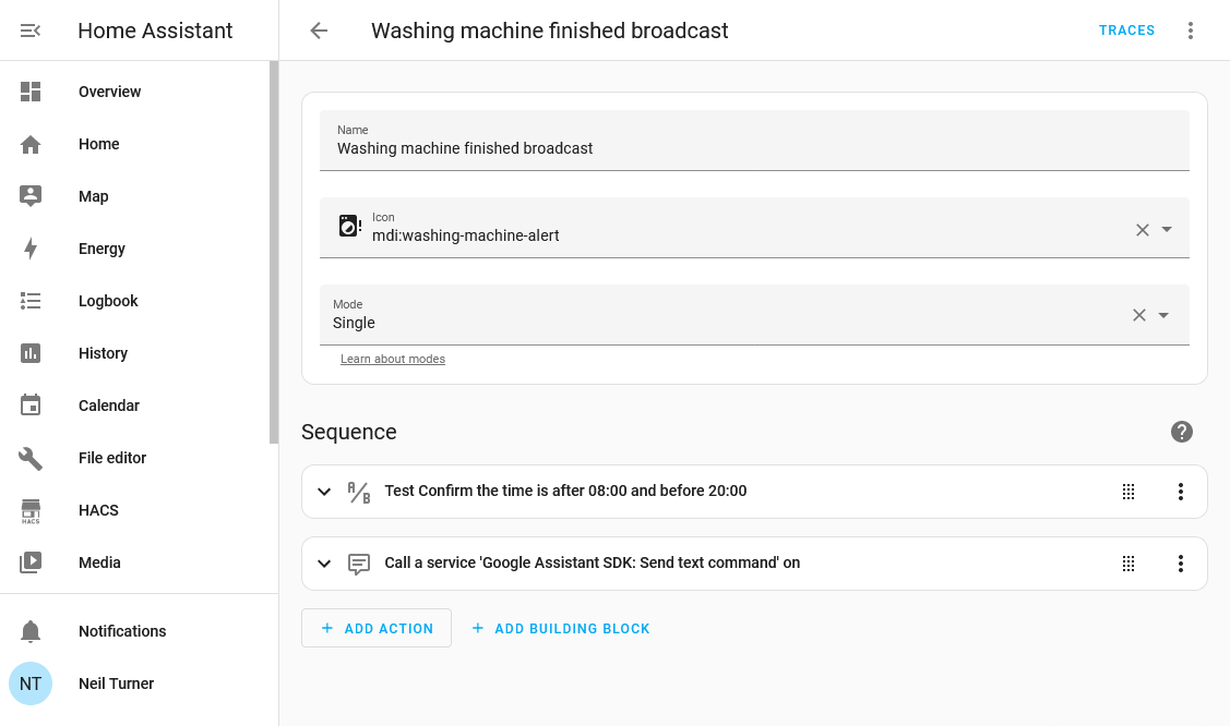 Screenshot of Home Assistant showing a script to broadcast a message via Google Home when my washing machine finishes