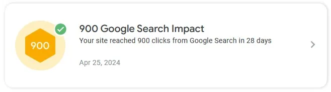A screenshot from Google Console Search Insights congratulating me on achieving 900 clicks in 28 days, indicating that I am doing okay from SEO perspective