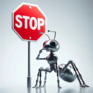 An AI generated image of a robot ant and a stop sign