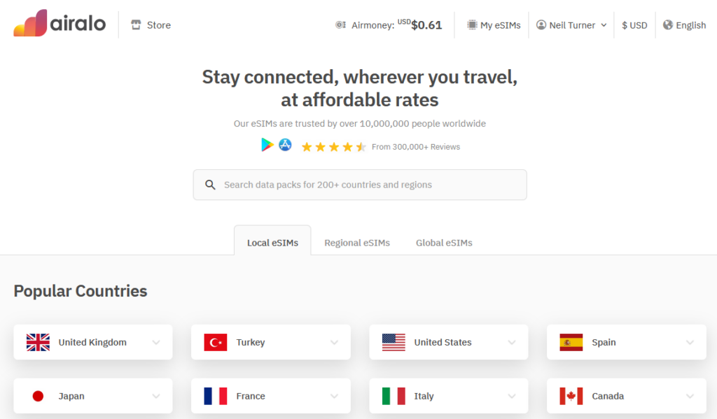 A screenshot of the Airalo web site which lets you buy an eSIM