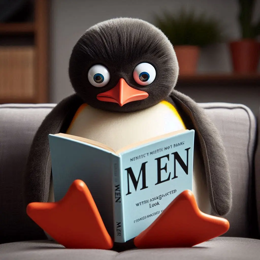 An AI-generated image of a penguin with a disassociated look on its face