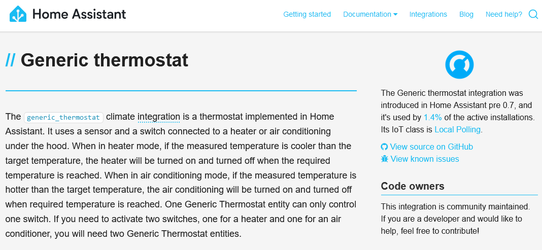 A screenshot of the description of the generic thermostat integration in Home Assistant