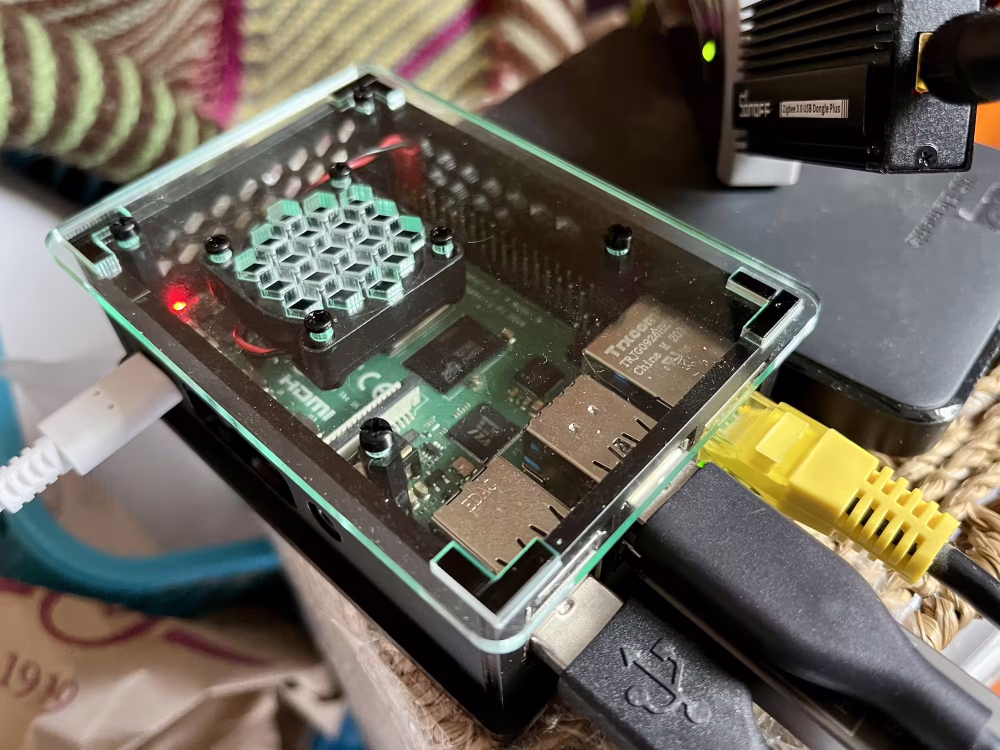 A photo of my Raspberry Pi in its new case with a cooling fan