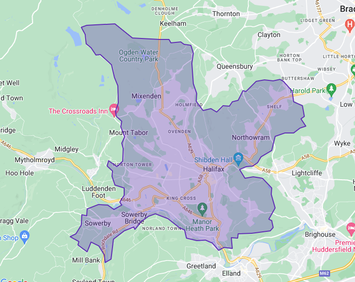 A screenshot of the map of the Halifax parliamentary constituency