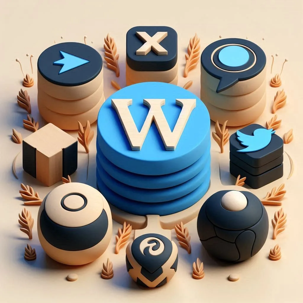 An AI-generated image using Microsoft Copilot showing a stack with the WordPress logo surrounded by smaller stacks with social media logos on them