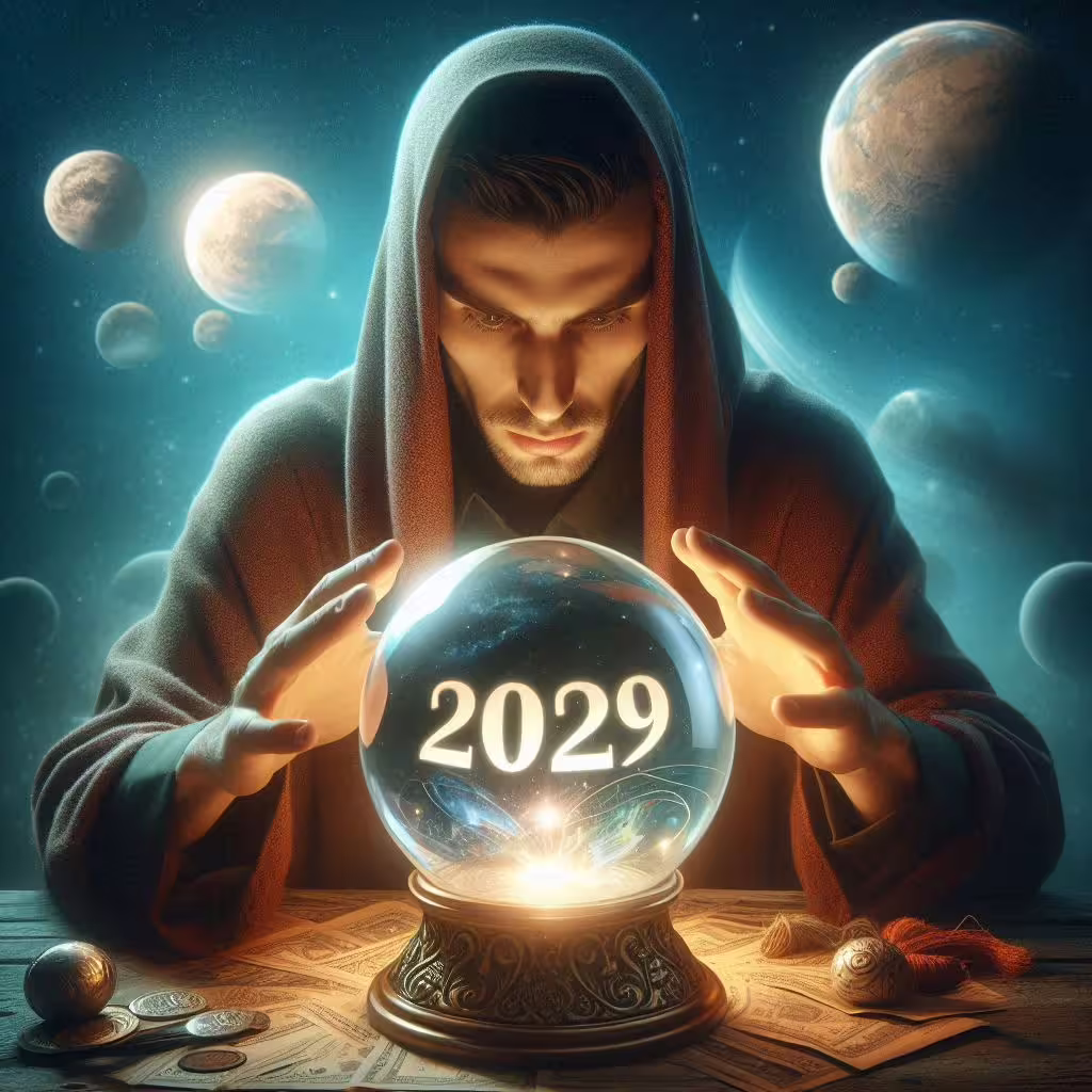 An AI-generated image of a fortune teller looking into a crystal ball which says 2029