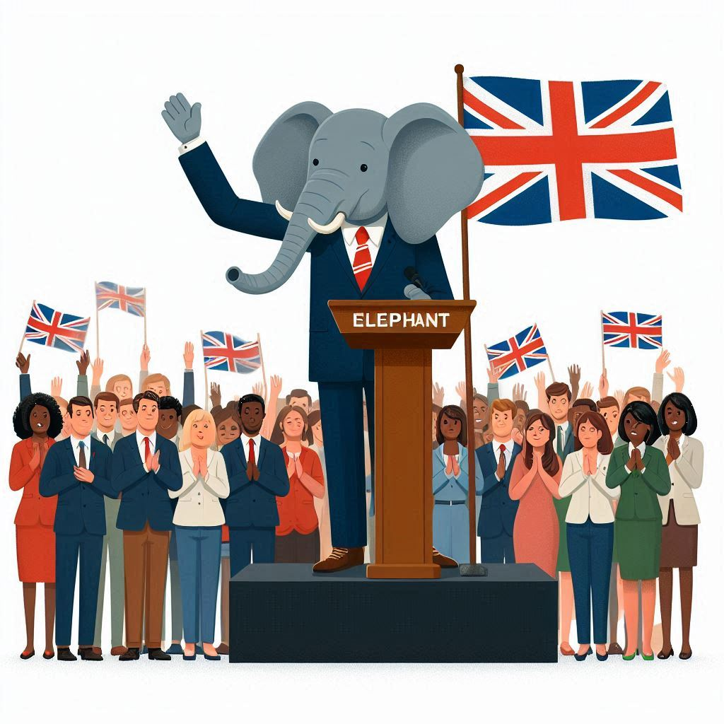 An AI-generated illustration of an elephant dressed as a politician standing in front of a podium, surrounded by supporters.