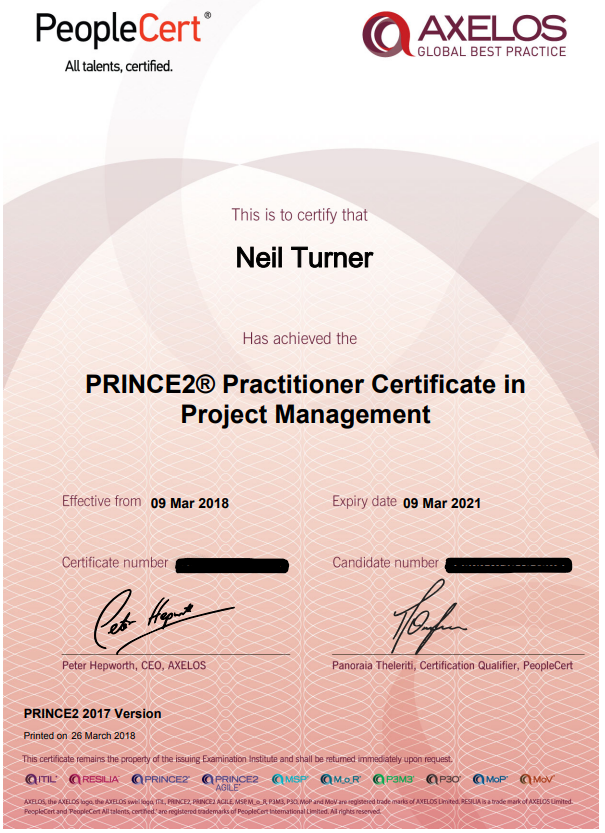 A picture of my PRINCE2 Practitioner certificate