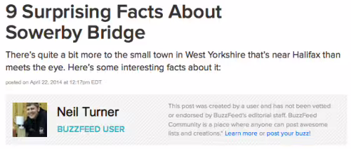 A screenshot of the 9 Surprising Facts About Sowerby Bridge listicle on BuzzFeed