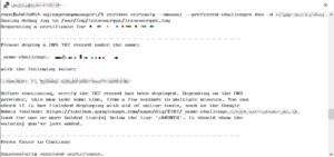 A screenshot of Putty connecting over ssh to a server running certbot, where the command has been issued to manually renew an SSL certificate. The domain has been pixelated.