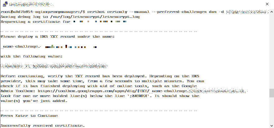 A screenshot of Putty connecting over ssh to a server running certbot, where the command has been issued to manually renew an SSL certificate. The domain has been pixelated.