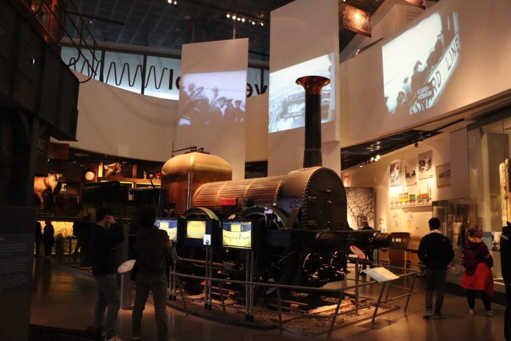 A photo of the steam engine Lion inside the Museum of Liverpool