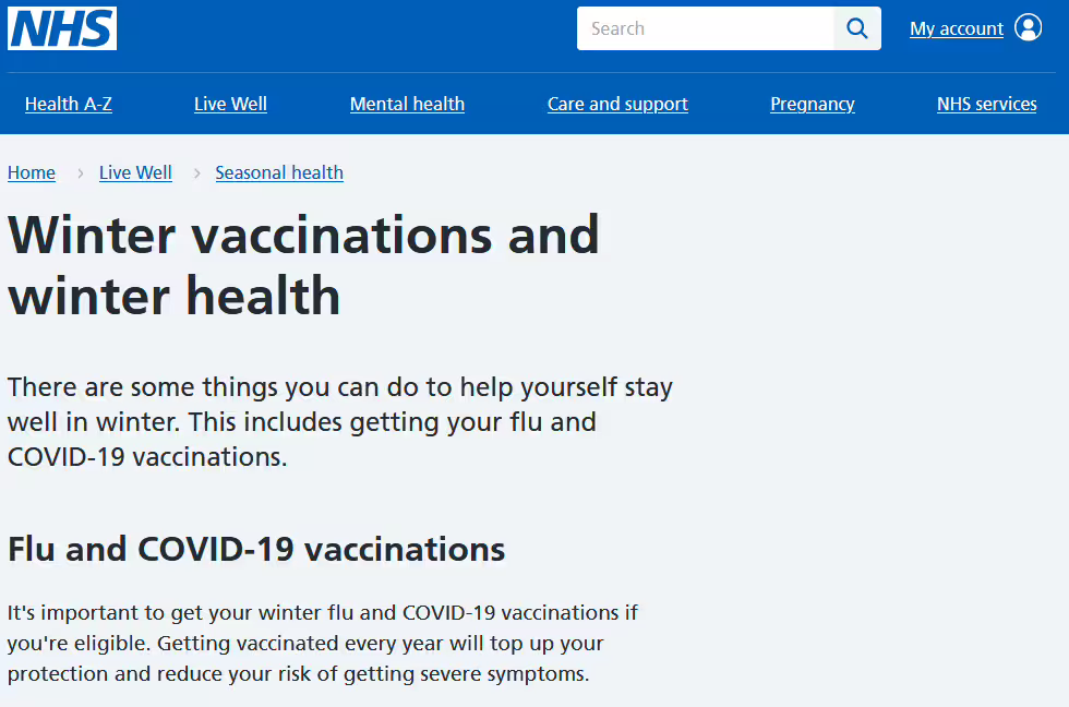 A screenshot of the NHS winter vaccinations page
