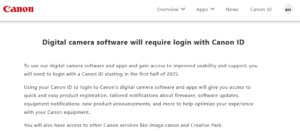 A screenshot of the announcement on Canon's web site that a login with a Canon ID will be required to use its apps starting next year