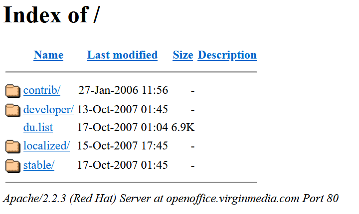 A screenshot of openoffice.virginmedia.com showing folders and files to download.