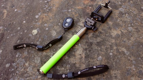 A photo of the Camkix selfie stick and accompanying Bluetooth shutter controller