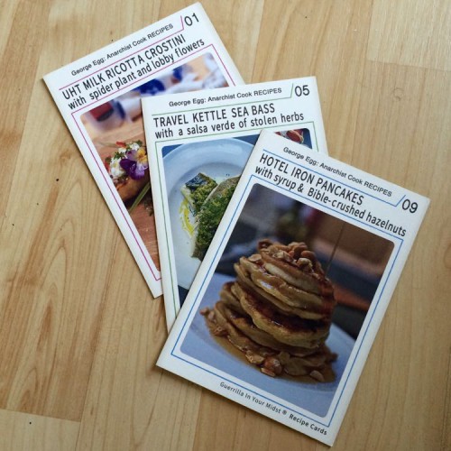Photos of the recipe cards from George Egg's Anarchist Cook show.