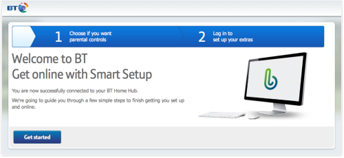 The first page of the setup screen for the BT Home Hub 4.