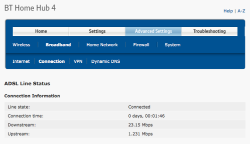 BT Home Hub admin panel - speed