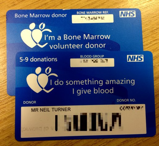 Photos of my blood donor and bone marrow donor cards