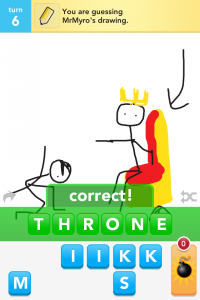 A screenshot of the game Draw Something. The drawing is a crude depiction of a king on a throne and the word is 'throne'.