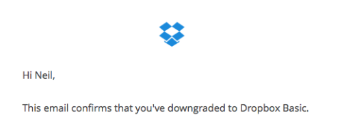 Screenshot of an email confirming a downgrade to Dropbox Basic