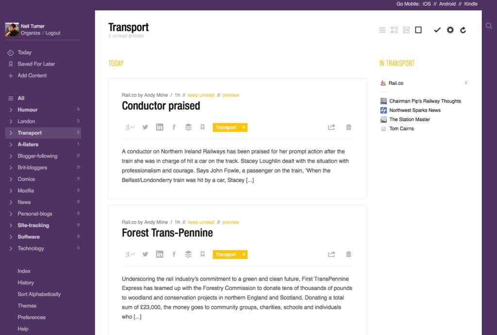 A screenshot of the Feedly interface