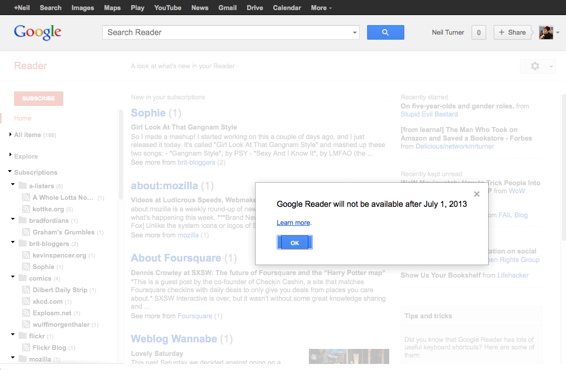 A screenshot of Google Reader with a shutdown message.